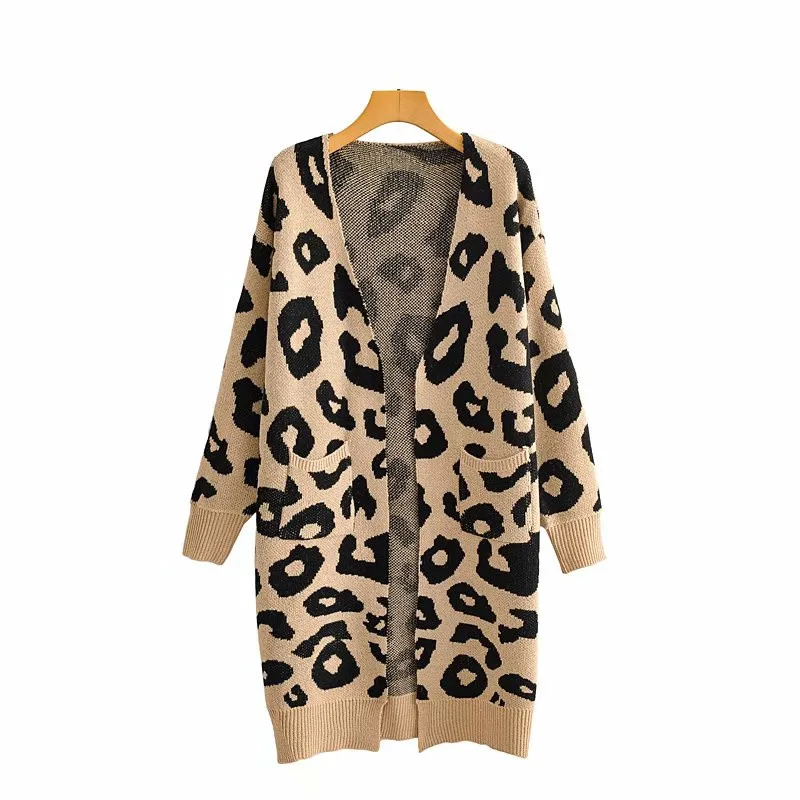 

ZXQJ женский длинный вязаный кардиган, осень 2021, модный Женский Повседневный свободный свитер, женские кардиганы с V-образным вырезом и леопар...
