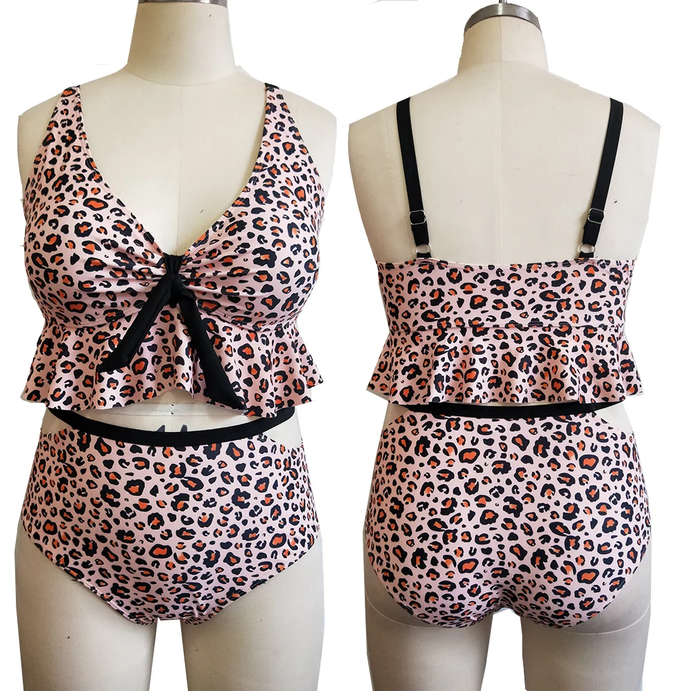 Женский леопардовый купальник из двух предметов с высокой талией и оборками |