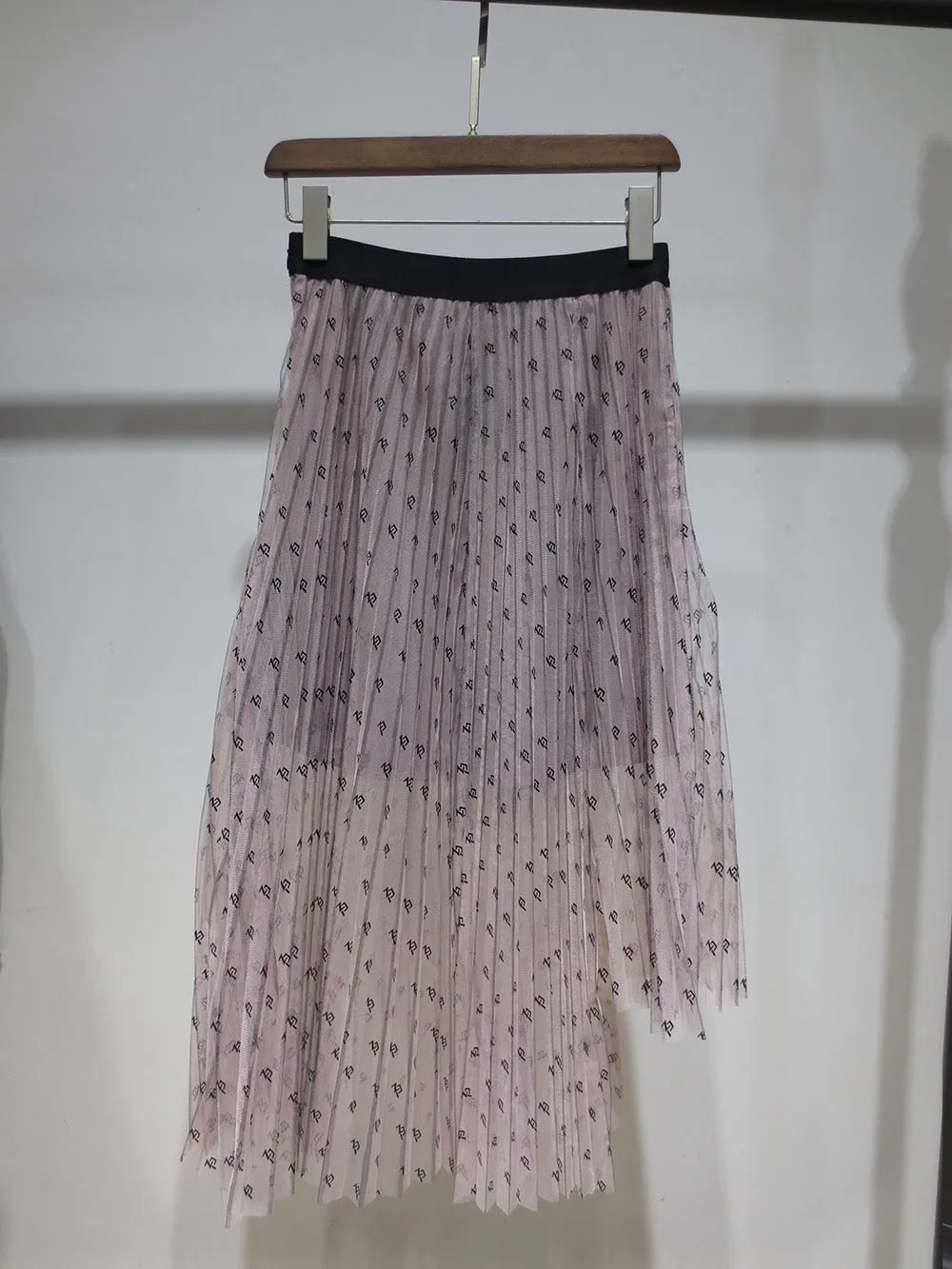 

Vintage Letter Print Elastic High Waist Mid-calf Skirt Spring Women Pink Mesh Pleated Skirt Irregular Lady Clothing Skirts