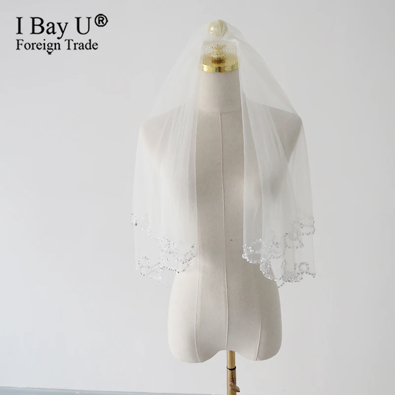 

Блестящая короткая фата 1,5 метра двухслойная Фата с бисером аксессуары для платья фата невесты