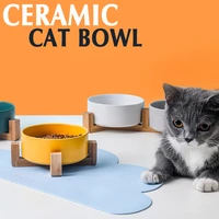 cat ceramic double water bowl integrated wooden frame protective cervical spine high leg drinking dog food pet supplies