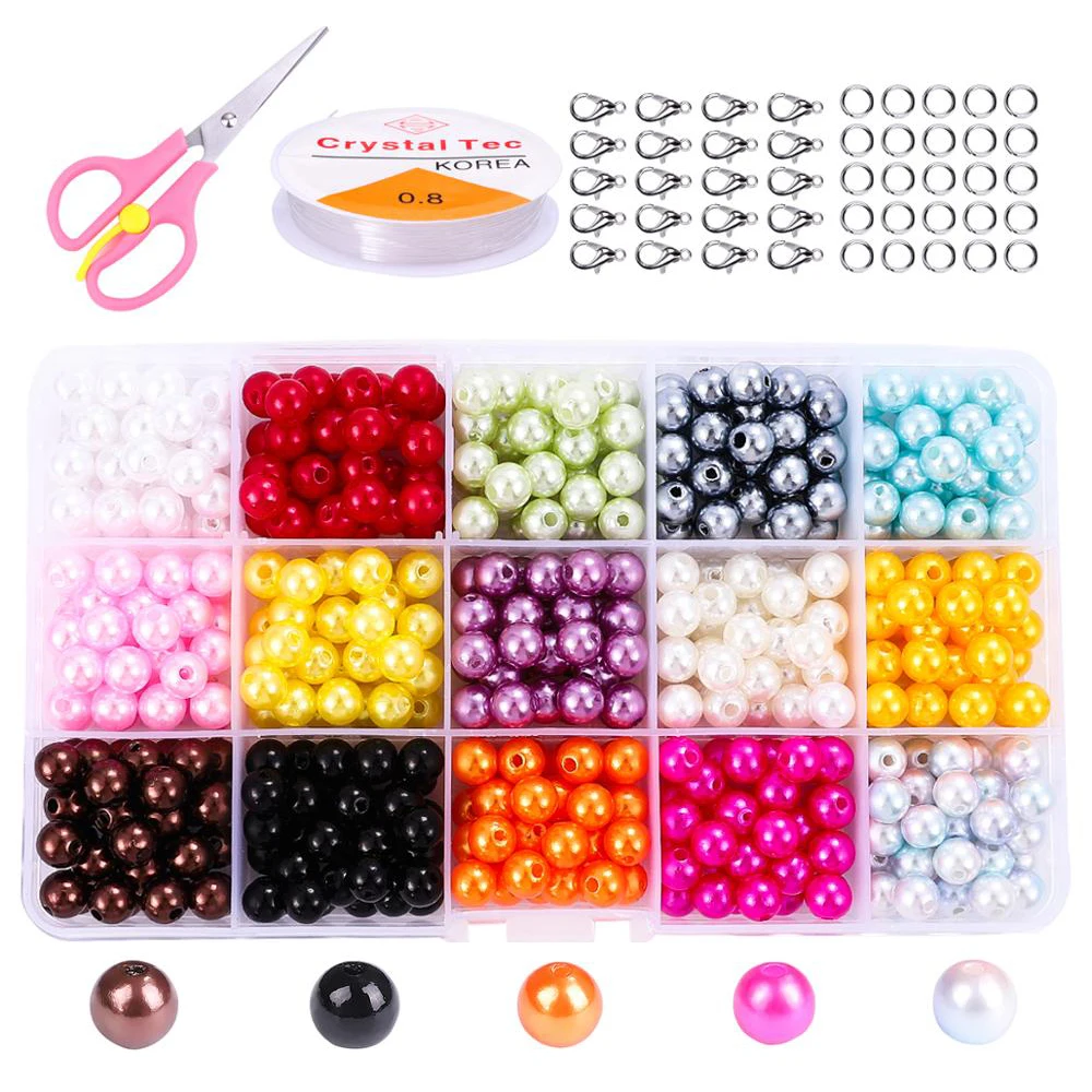 ABS Imitation Pearls Round Beads Box Beading Cord Clasps Set For DIY Bracelet Earrings Sewing Necklace Jewelry Making | Украшения и