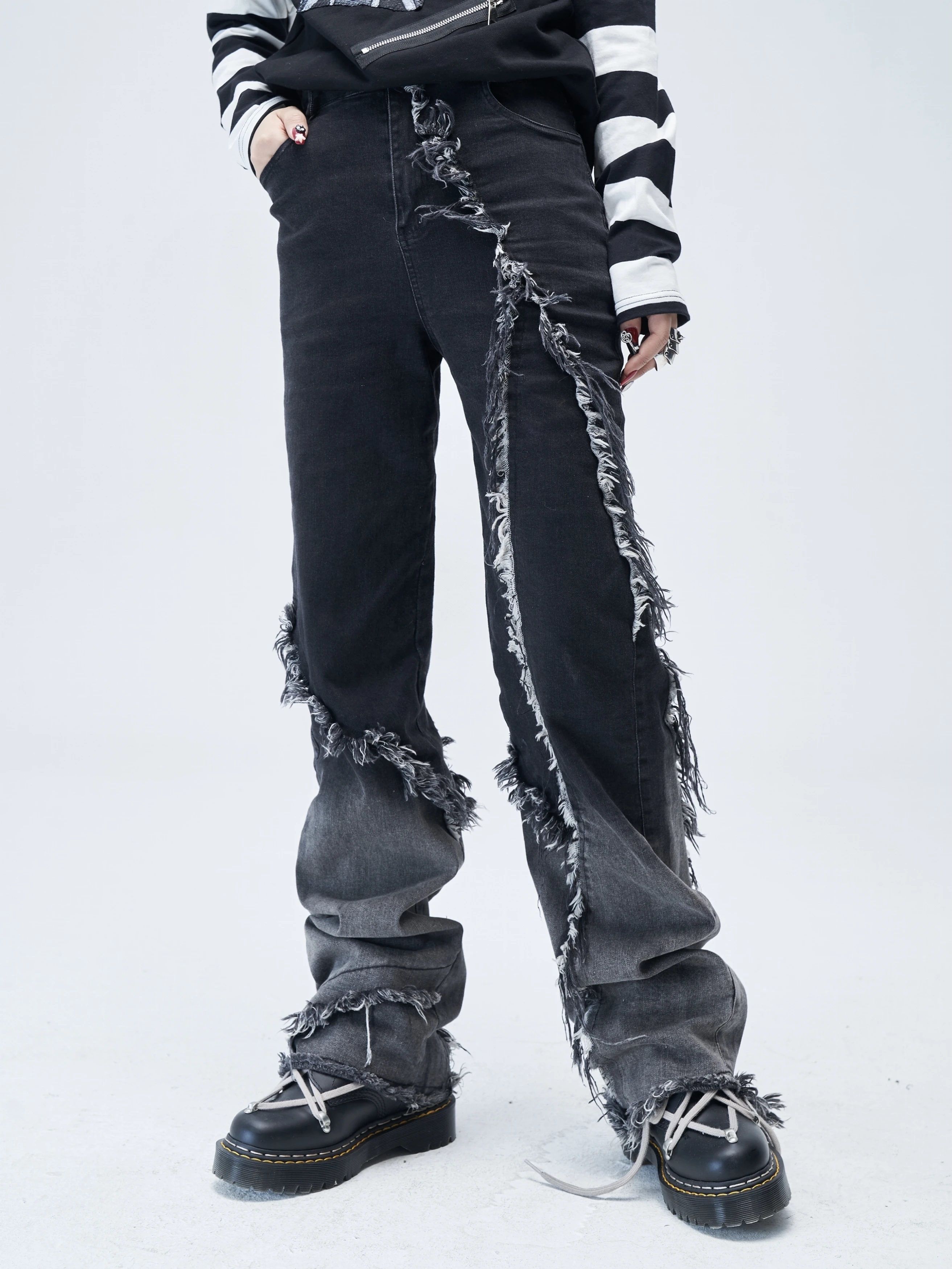 Gradient Black Grey Raw Edge Jeans Couples Autumn Jeans Loose Straight Gothic Punk Tassels Denim Pants Women