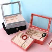 Hot Sales Portable Velvet Carrying Case with Glass Jewelry Ring Display Tray Holder Storage Box Organizer Earrings Necklaces
