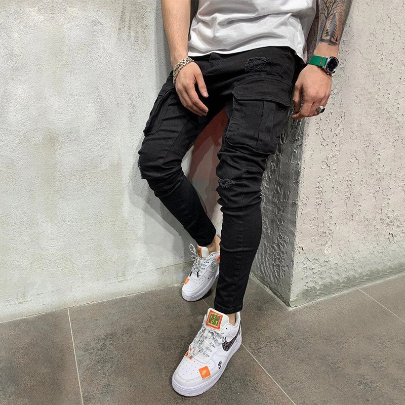 

Jeans Pants Men Retro Denim Pencil Pants Cargo Skinny Ripped Knee Hole Slim Fit Hip Hop Trousers