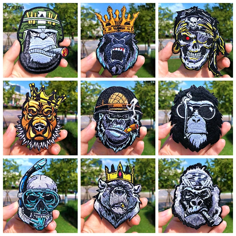 Prajna Punk Skull Orangutan Patches King Bear Dog Embroidered For Clothing DIY Iron On Stripes Jacket Clothes | Дом и сад