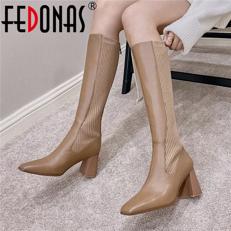 

FEDONAS Concise Fashion Square Toe Female Knee High Boots Genui Leather Thick High Heels Pumps Winter Party Casual Shoes Woman