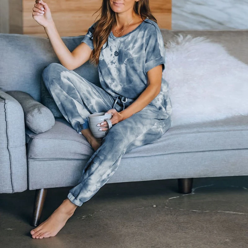 

Casual Everyday Women Wear Tie-Dye Suit Short Sleeve Round Neck Jumpsuit