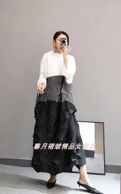Черный Miyake модные раза Алмазный плиссированное платье с рукавом три четверти в стиле пэчворк, воротник-стойка, свободные бутон платье - Цвет: Черный