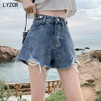 lyzcr ripped jeans shorts women summer loose denim wide leg shorts for women with belt harem ladies jeans short causal new 2021