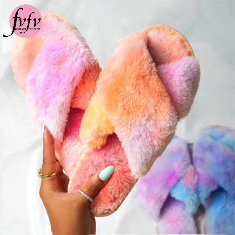 [FVFV] новые меховые радужные шлепанцы на меху Женская обувь с перекрестной