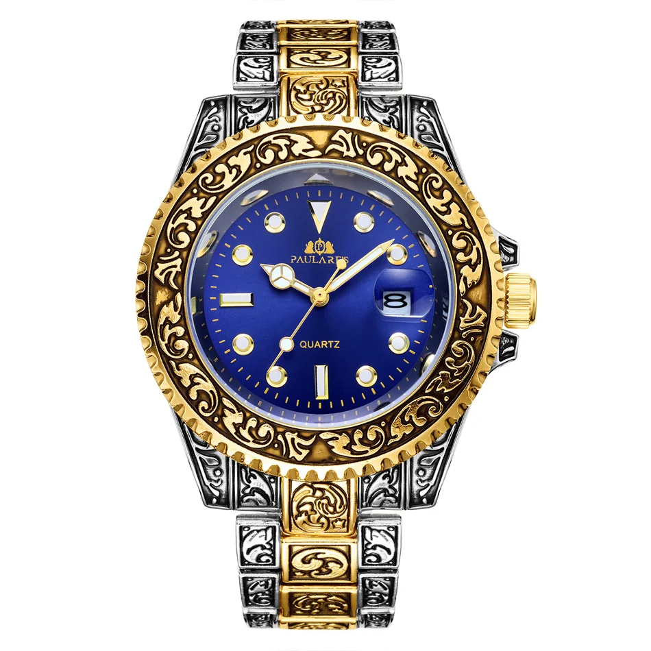 Half Gold Blue Винтажные винтажные светящиеся розовые Золотые желтые золотые серебряные 2 тона Красные Зеленые Синие градиентные Модные Классические кварцевые мужские часы - Цвет: Half Gold Blue
