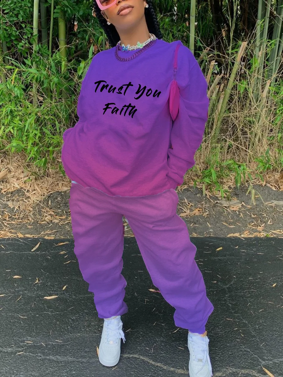

Women Autumn Tracksuits With Gradient Color Printing Lady Plus Size High Waist Sport Pants + O-neck Swearshirts Two Piece Sets