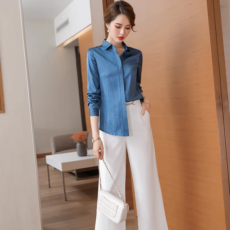 

Блузка Женская Офисная с длинным рукавом, Модный комплект из 2 предметов, штаны и топы, синий цвет