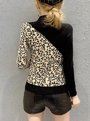 Long Sleeve Leopard Knit Sweater Women Autumn Winter Fashion Ol Lace Patchwork Turtleneck Pullover Tops Ladies Sweaters 2019 | Женская