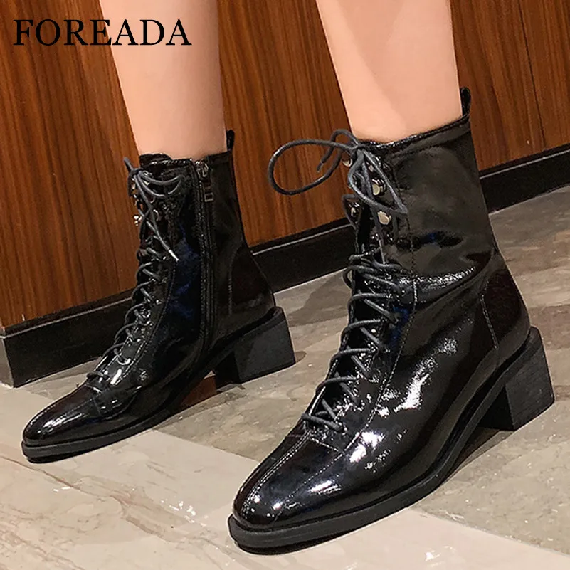 

FOREADA Rivet Real Leather Motorcycle Boots Lace Up High Heel Woman Mid Calf Boots Zip Block Heel Shoes Lady Autumn Winter Black