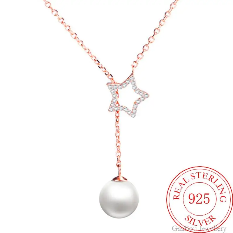 

Luxury 925 Sterling Silver Necklace Chain Hollow Star Pearl Pendants Link Women Wedding Party Accessory Lucky Jewelry Gift