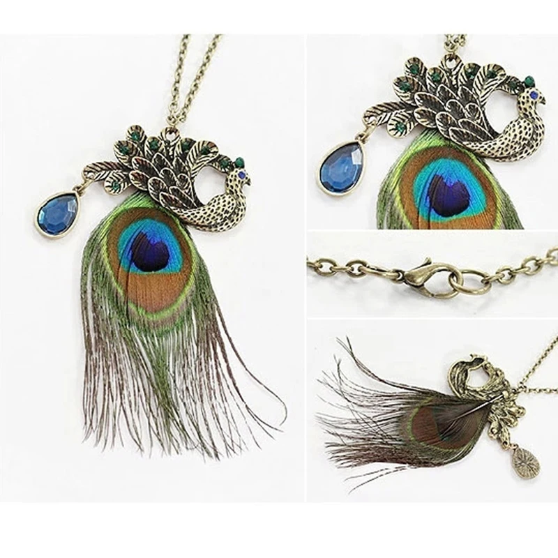 Женское Ожерелье элегантная Длинная цепочка в стиле ретро с павлиньими перьями и