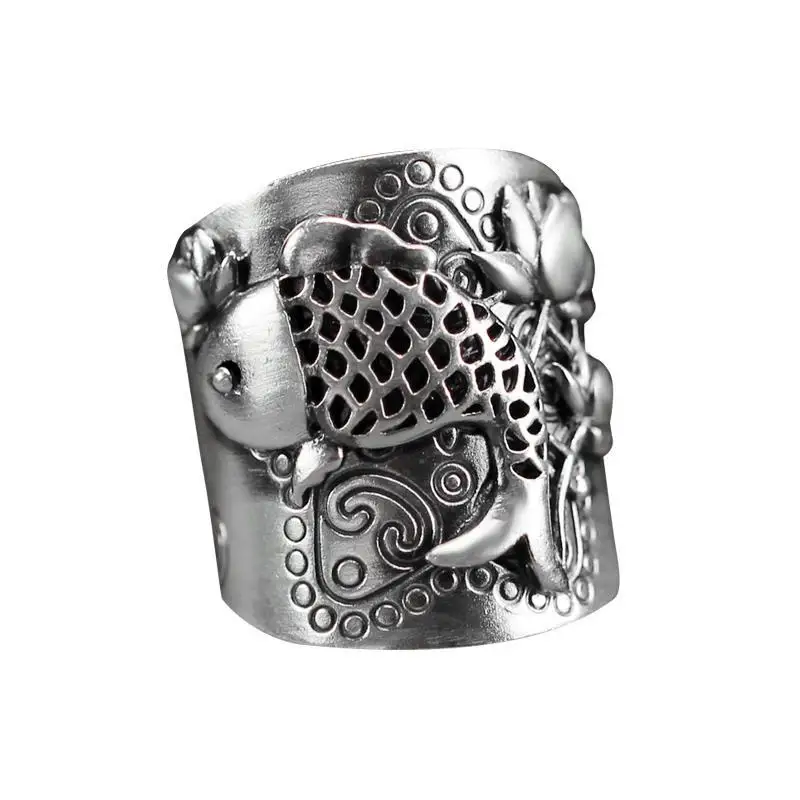 

Original design handmade Thai silver carved fish pattern open ring light luxury craftsmanship charm women's silver jewelry