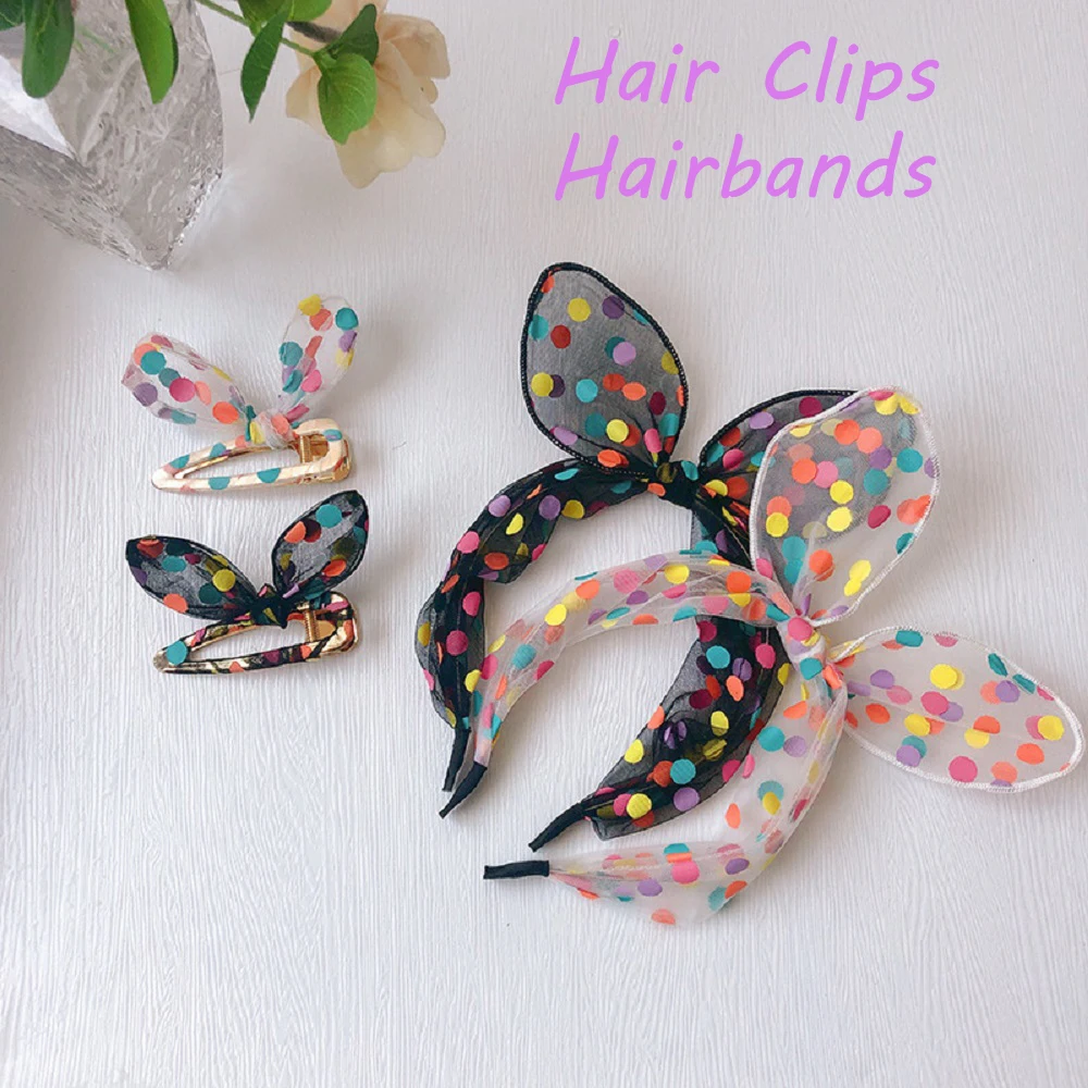 Ободок для волос в горошек Женский милый обруч с бантом сетчатый аксессуар на