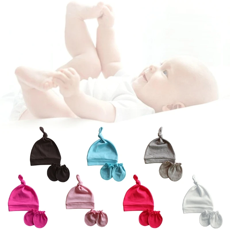 

Baby Anti-scratching Gloves Knotted Hat Set Newborn Mittens Warm Beanie Cap Kit