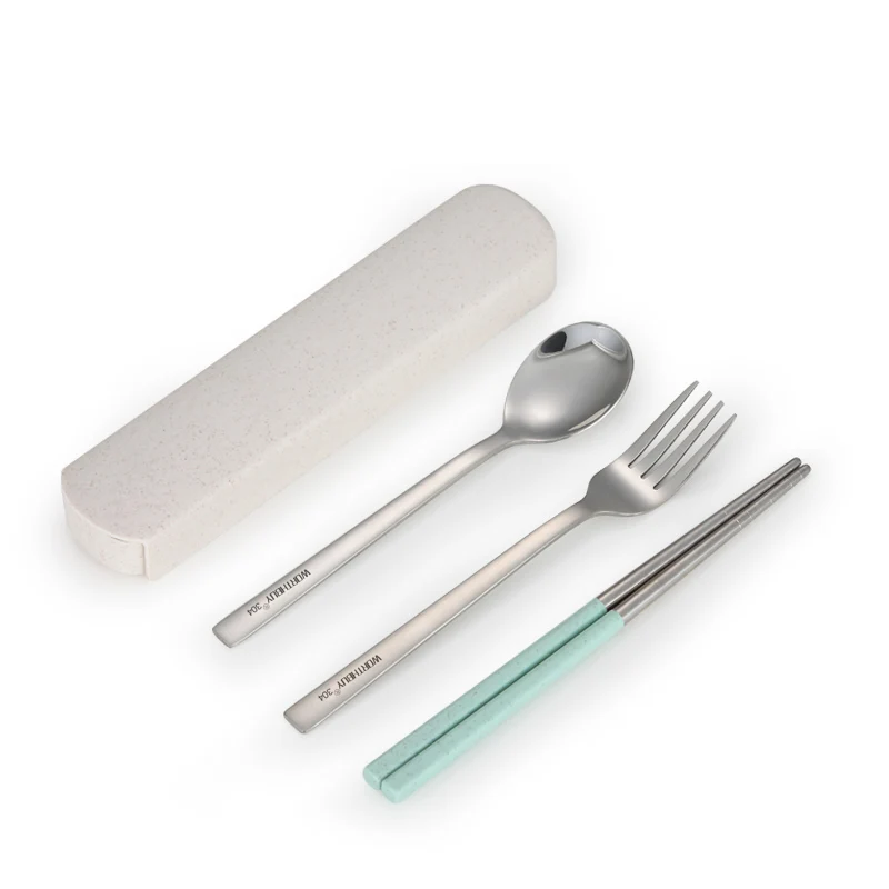 Green 4 Pcs WORTHBUY портативный набор посуды для путешествий 304 нержавеющая сталь столовая посуда палочки для еды Ложка Вилка для обеда набор для пикника набор столовых приборов - Color: Green 4 Pcs