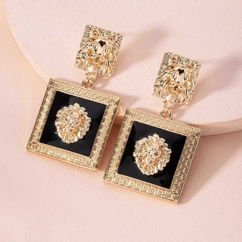 

Metal Big Dangle Drop Earring Geometric Enamel Square Simple Lion Head Dangle Earring For Woman Party Jewelry Gifts