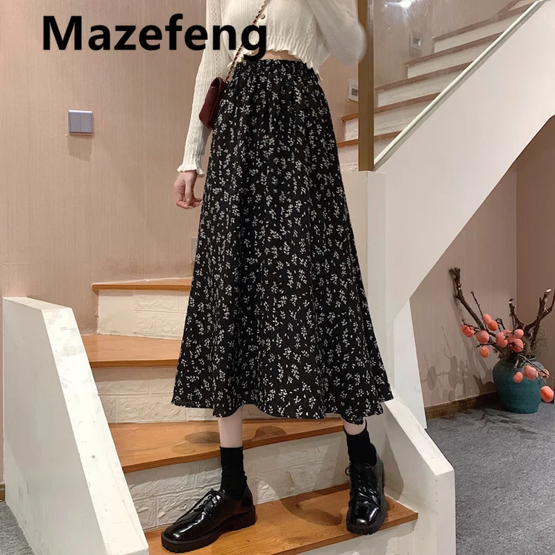

White Dots Floral Print Pleated Midi Skirt Women Elastic High Waist Side Pockets Skirts Summer 2021 Elegant Female Bottom