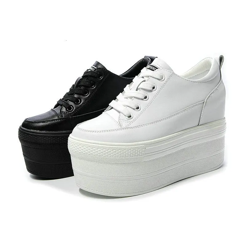 

fujin 2021 New Fall Women's Vulcanized Shoes Leather Thick-soled Small White Shoes Lace-up Sponge Heels Increase Casual Shoes