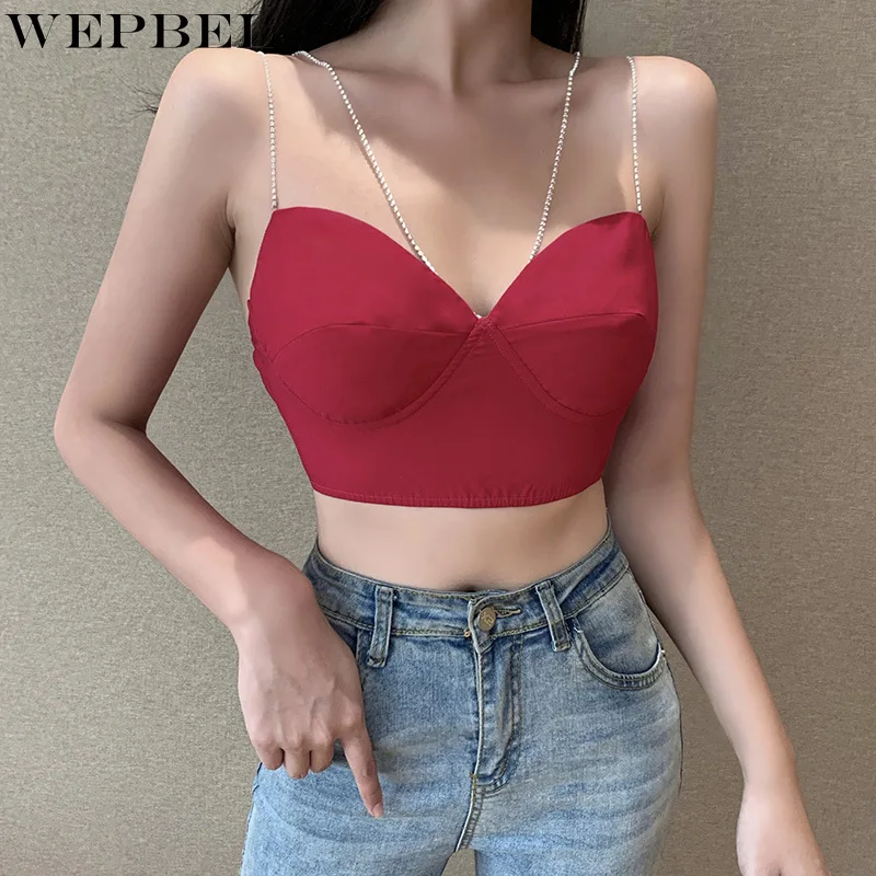 

WEPBEL Women's Sexy Chain Short Vest Summer Fashion Spaghetti Strap Solid Color V-neck Backless Slim Fit T-shirt Top