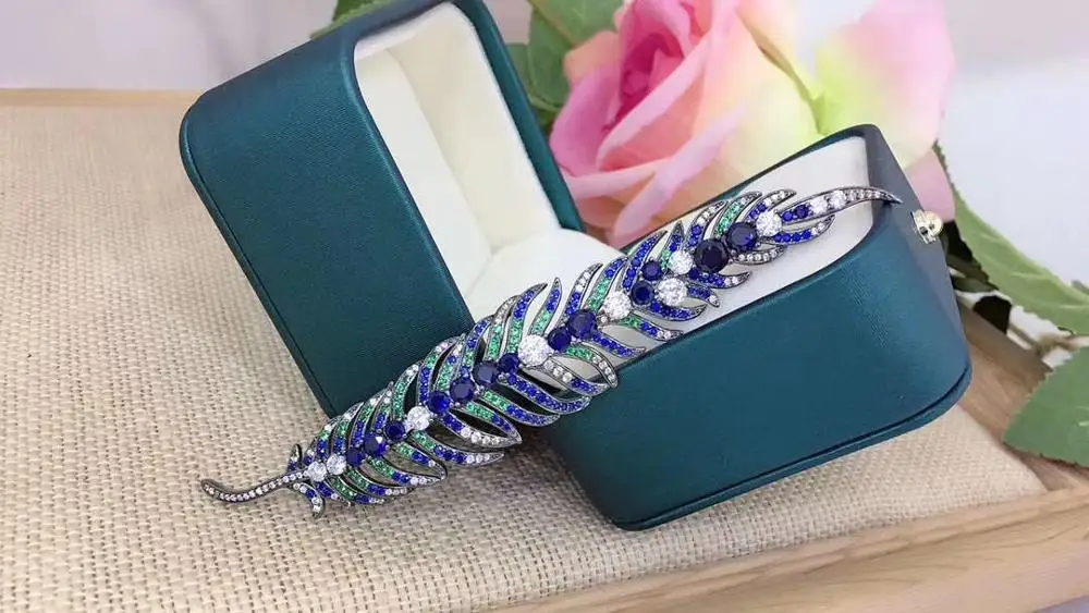 

blue mixed color 925 sterling silver with cubic zircon feather brooch unisex fine women men jewelry free shipping high quality