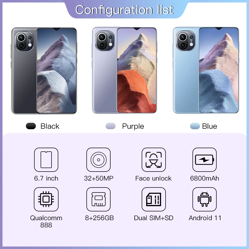 

M11 Ultra 6.7 Inch 32+50MP 10 Core 6800mAh Andriod 11 Smart Phone 8+256GB Face Fingerprint ID Mobile Phone Qualcomm 888 Global