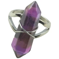natural amethyst crystal hexagon prism pointed cone shape retro silver color alloy wire cross bundling ring reiki energy jewelry