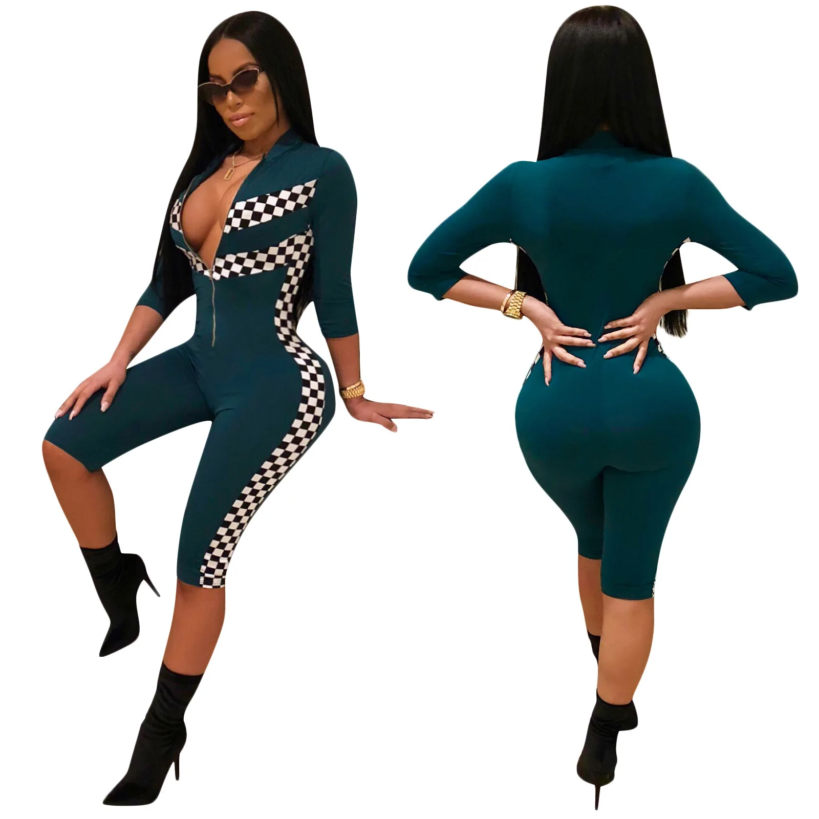 Women's Half Sleeve Jumpsuit Sexy Casual Zipper Slim Stretch Print Racing Suit Calfskin Pants S-XXXL | Женская одежда