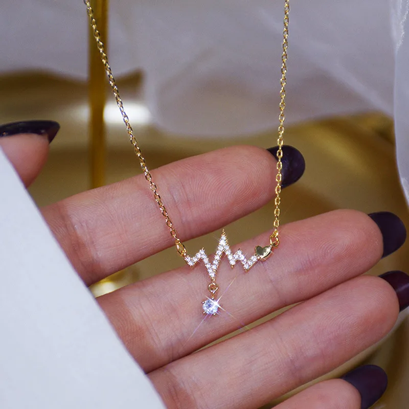 

14K Real Gold Fashion Design Signal Fluctuation Shape Necklace Micro Inlay Zircon Women Choker Koyle Jewelry Pendant Gfit dz931