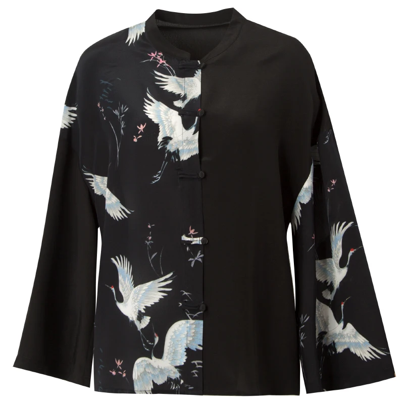 Женская шелковая блузка из 100% натурального шелка черная винтажная с принтом