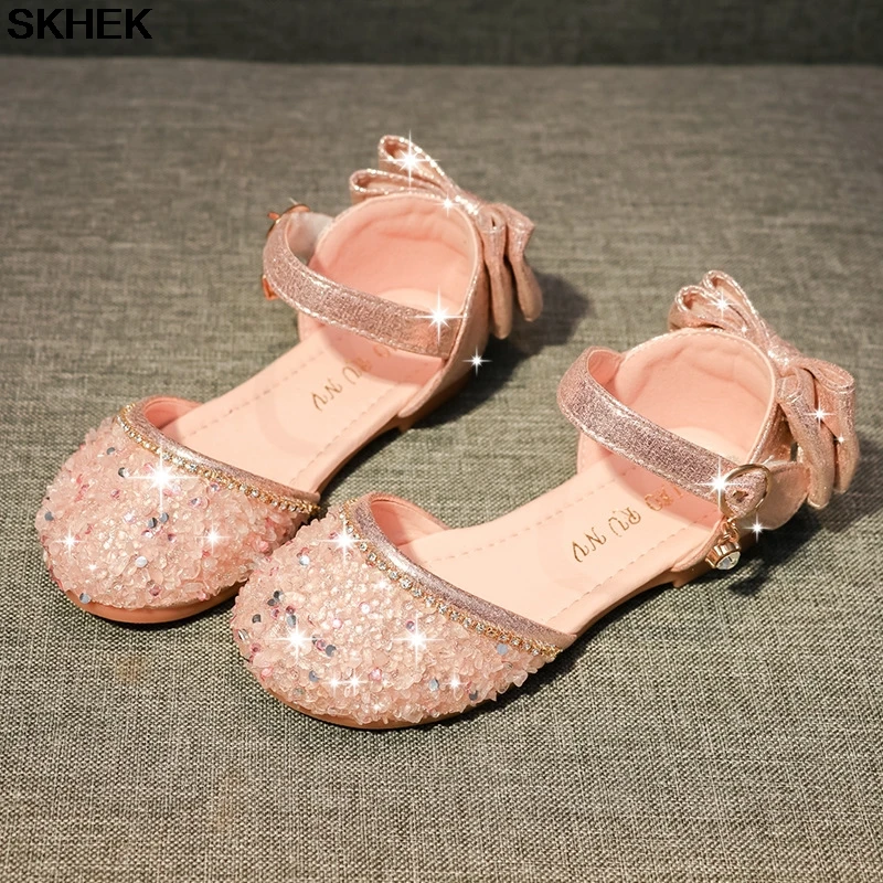

SKHEK Girls Sandals Summer Bowtie Glitter Rhinestone High Heel Leather Shoes Kids Shoes for Girl Princess Princess Sandals