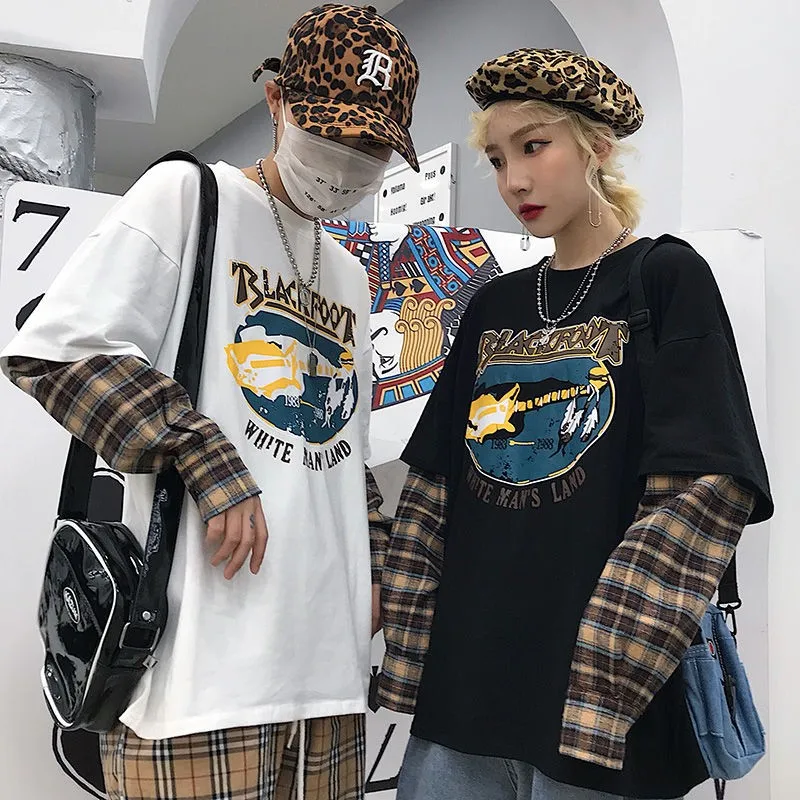 

harajuku Korean plaid fake 2pcs student tshirt women clothes long-sleeved couples tops street vintage style 2020 spring tshirt