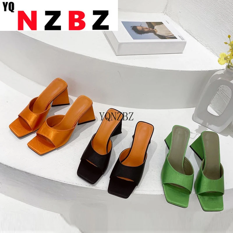 

YQNZBZ 2021 New Fashion Design Triangle High Heels Women Slippers Summer Elegant Square Toe Thick Soled Ladies Shoes Sandals