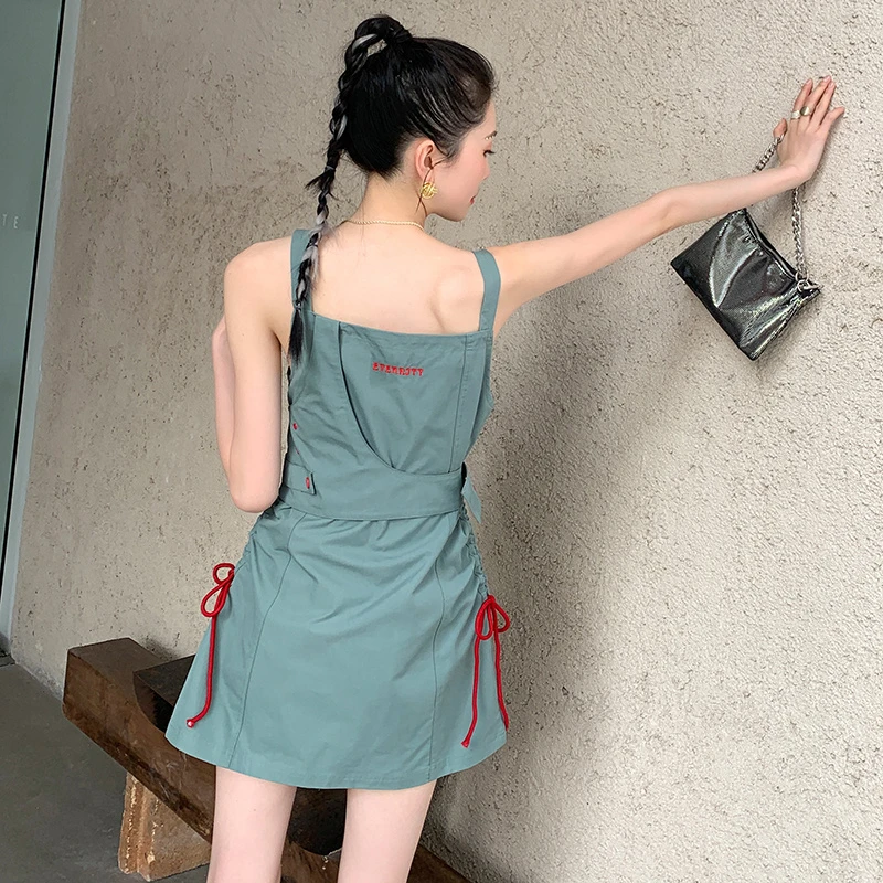 

Kimotimo Women Dress Summer Sweet Temperament Spaghetti Strap Sleeveless Dress Mid-length Sexy Slim Bandage Ins Short Dress