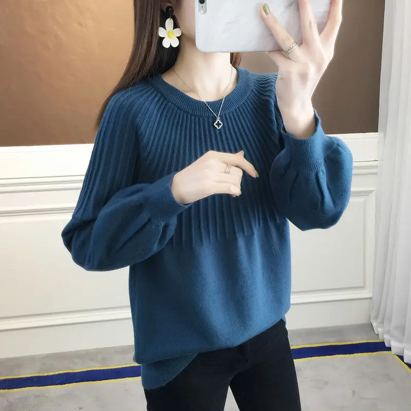 

Hong Kong Style Ageing Sweater Women Round Neck Loose Lantern Sleeves Knitted Long-sleeved Base Pullovers Jumpers Female 2020