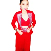 sparkly rhinestones red coat bra pants 3 piece set nightclub dj singer performance stage wear prom birthday celebrate outfit