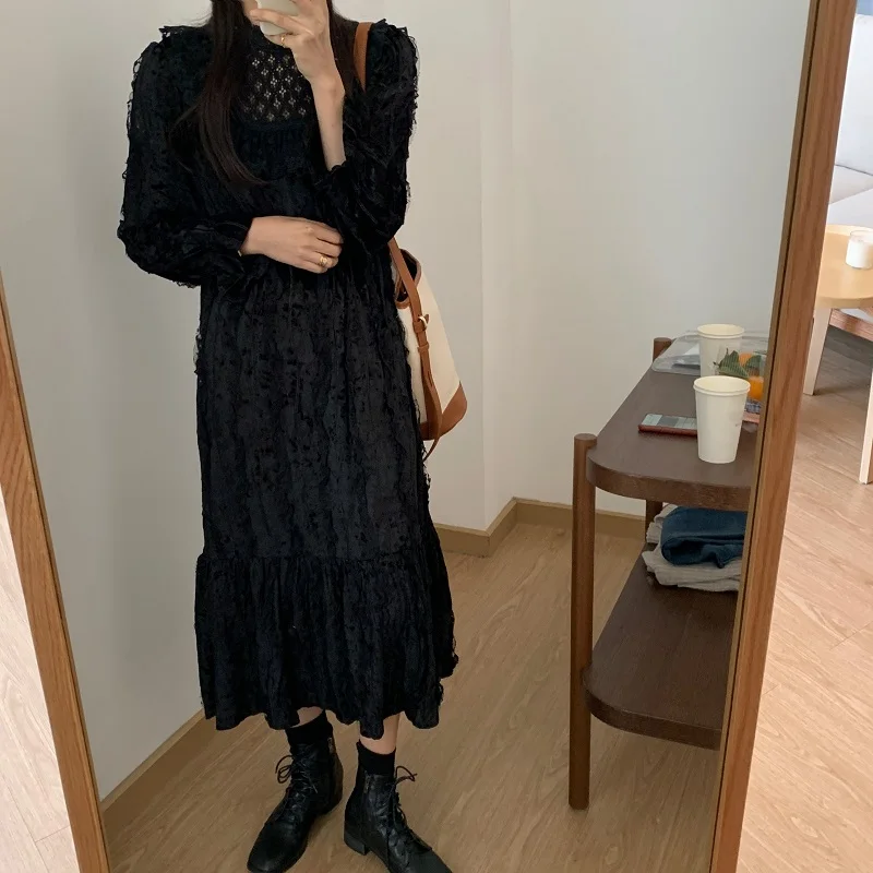 

Alien Kitty 2021 New Women Spring Elegant Long Dress Lady French Hollow Out Lace Gentle Wind Dress Stand-Up Collar Dresses