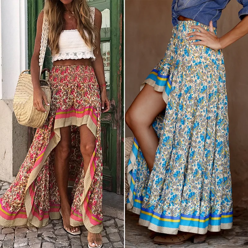 

Boho Print Long Skirts Women Bottoms Elastic Waist Gypsy Ethnic Ladies Skirt