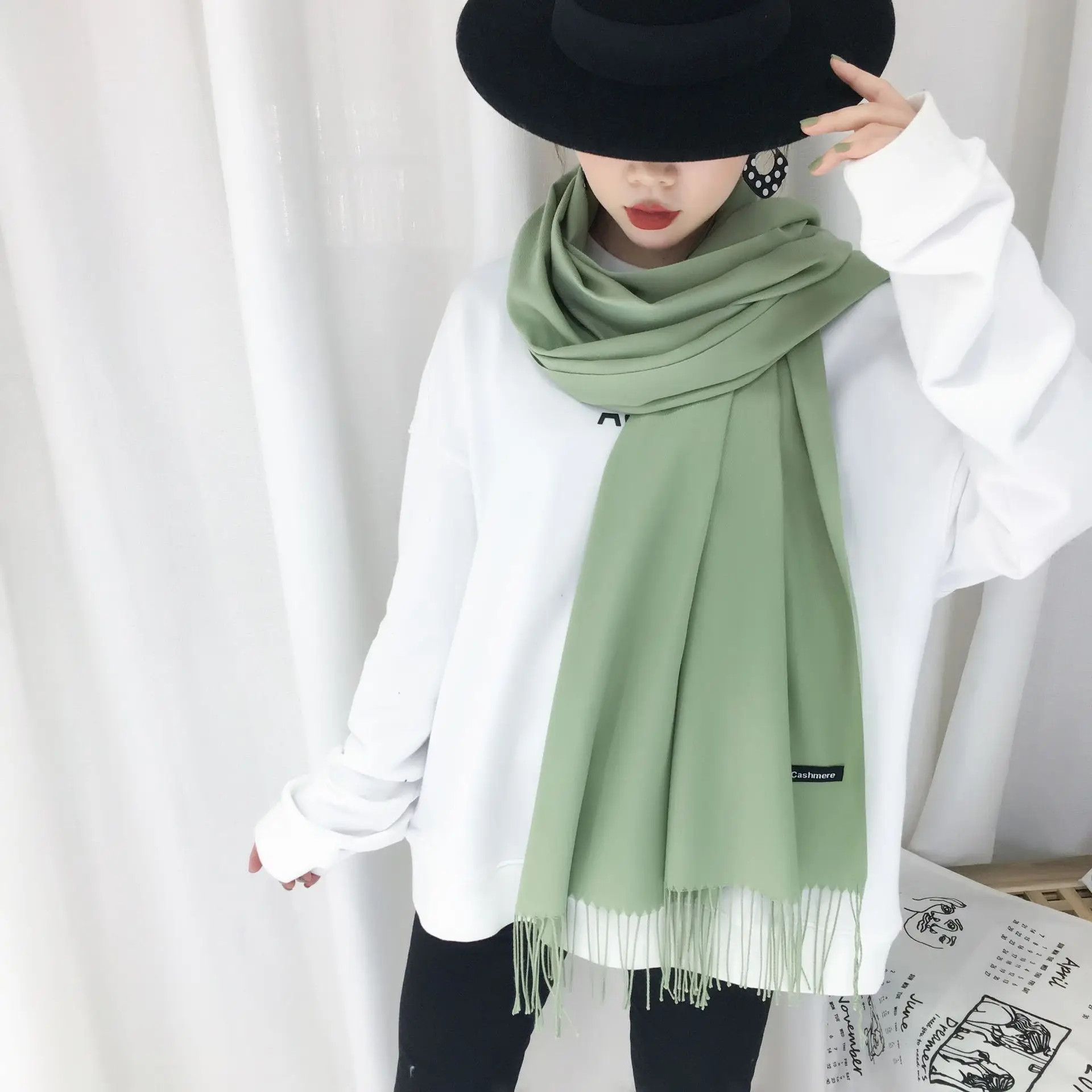 

Scarf Female Korean Version Poncho Cape Pure Color Imitation Cashmere New All-Match Long Fringed Thick Warm Brand Shawl Bufanda