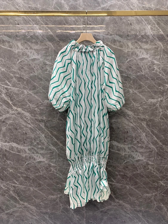 

2021 new women fashion neckline drawstring tie puff sleeve striped loose skirt dress 510