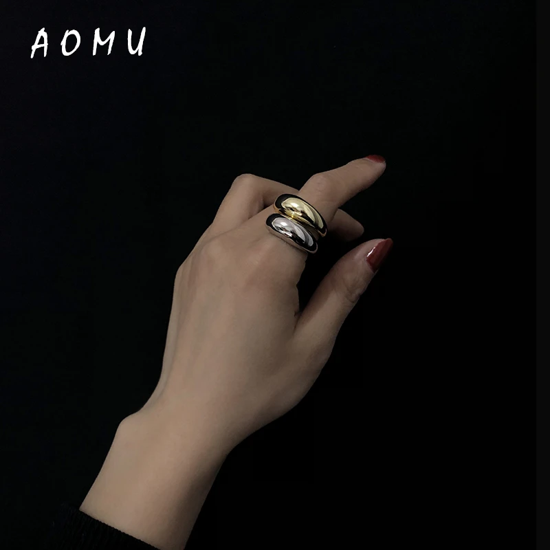 Женское кольцо на палец AOMU широкое металлическое золотистого цвета с