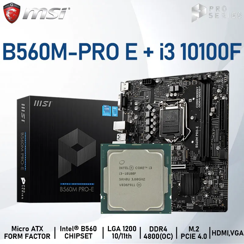 

Материнская плата MSI B560M LGA 1200, системная плата с процессором Intel Core i3 10100F Combo DDR4 64 ГБ (OC) M.2 PCI-E 4,0 B560, комплект материнской платы, Рабочий стол B560
