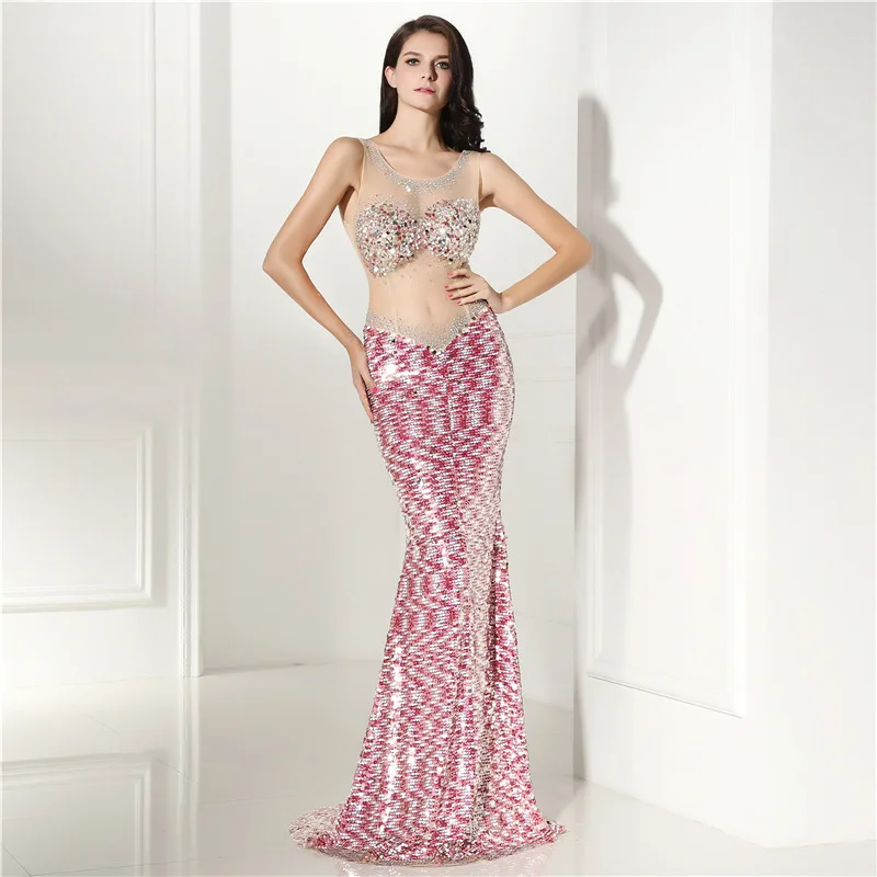 

Sexy See Through Luxury Beaded Evening Dresses Long Pink Sequin Mermaid Formal Dress Women Elegant Night Party Dresses Backless
