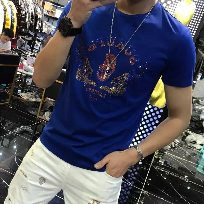 

T-shirt Men Casual Alien Letter Rhinestone 2021 YOUYEE New Trend High-Quality Slim Short Sleeve O-neck Tees Male Top Clothing